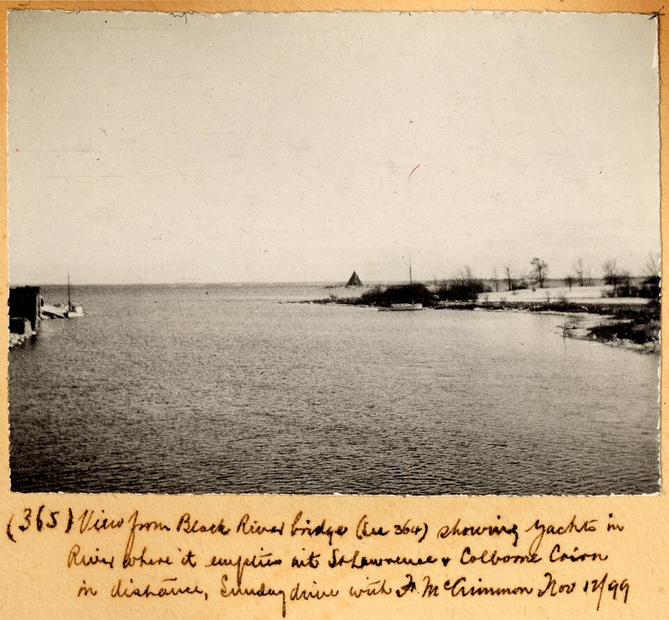 View of the confluence of the Raisin River and Lake Saint Francis, Lancaster, Ontario, with the Lord Colborne Cairn in the distance